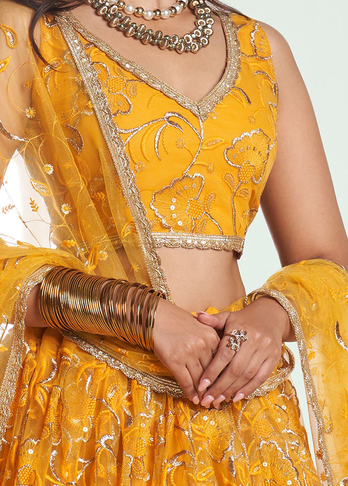 3 Pc Yellow Net Semi Stitched Lehenga Set