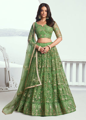 3 Pc Pista Green Net Semi Stitched Lehenga Set