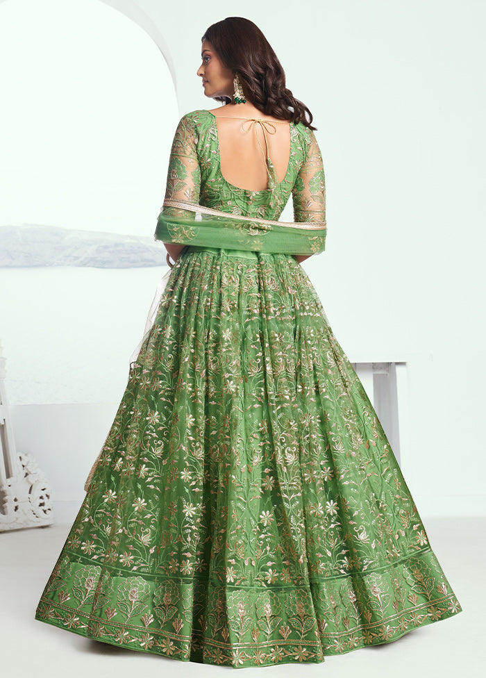 3 Pc Pista Green Net Semi Stitched Lehenga Set