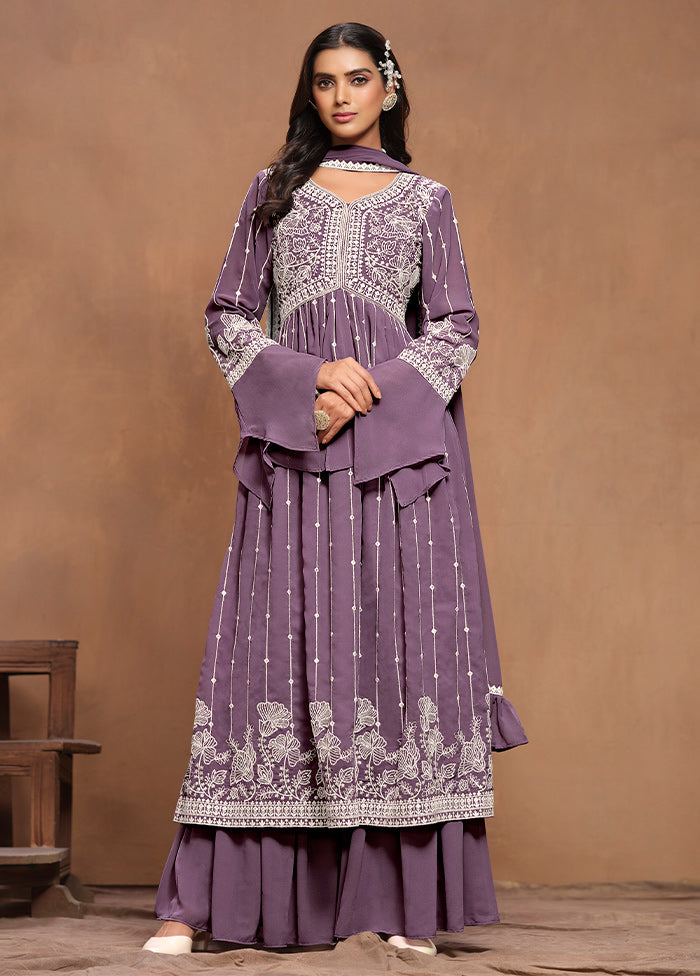 3 Pc Purple Semi Stitched Georgette Suit Set