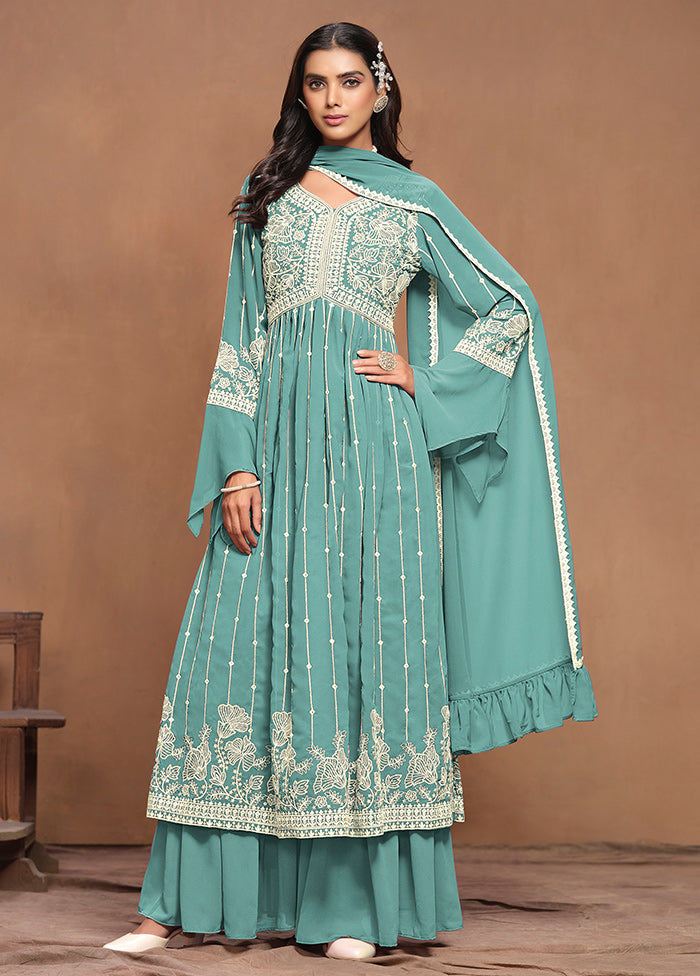 3 Pc Sky Blue Semi Stitched Georgette Suit Set