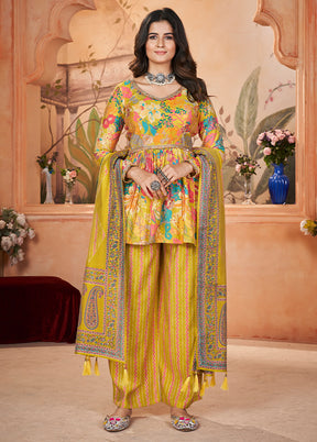 3 Pc Yellow Readymade Silk Suit Set