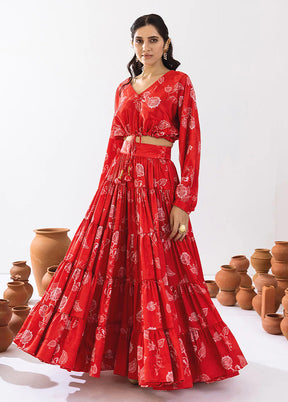 Red Silk Readymade Lehenga Set