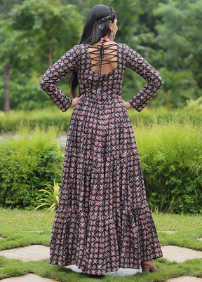 Black Readymade Cotton Long Gown