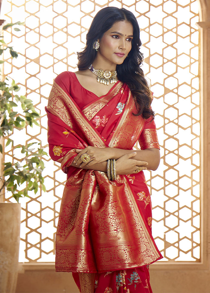 Red Banarasi Silk Saree With Blouse Piece