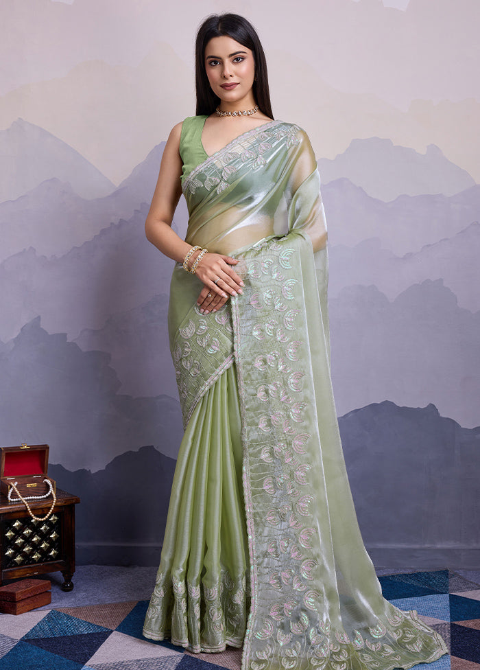 Pista Green Spun Silk Saree With Blouse Piece