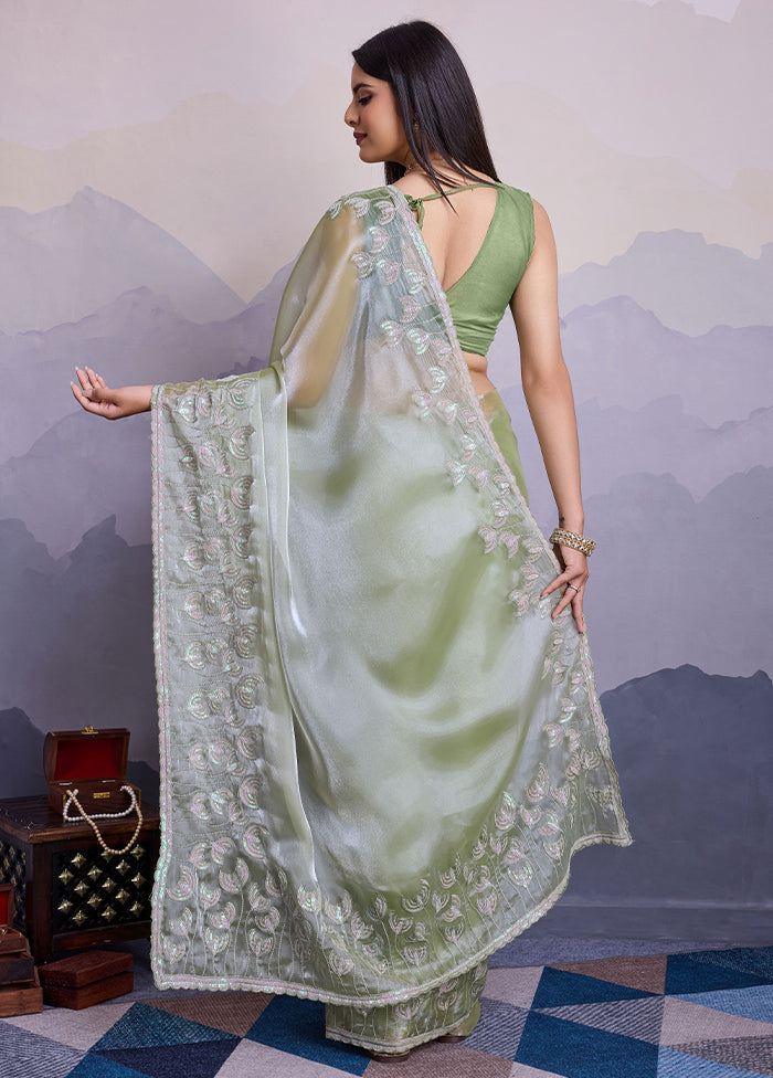 Pista Green Spun Silk Saree With Blouse Piece