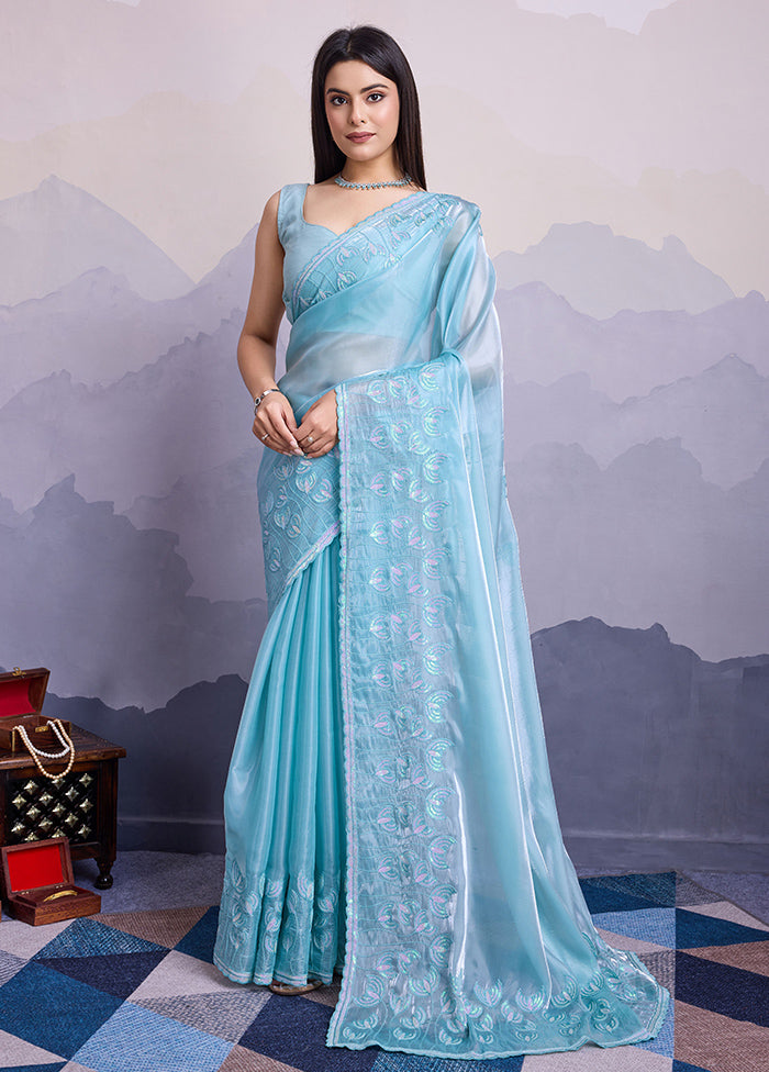 Sky Blue Spun Silk Saree With Blouse Piece