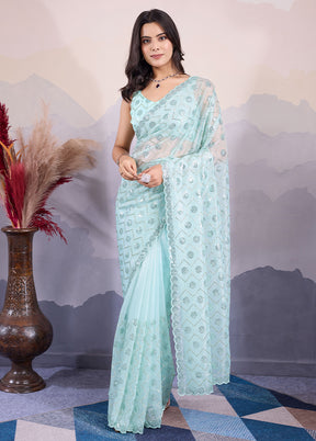 Sea Green Net Net Saree With Blouse Piece