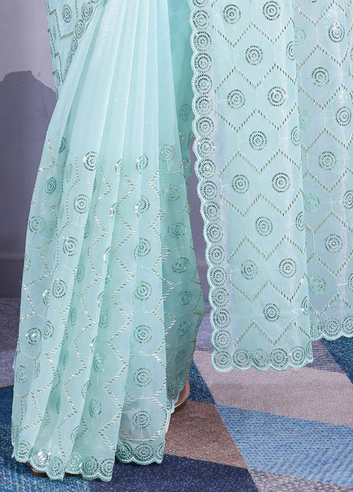 Sea Green Net Net Saree With Blouse Piece