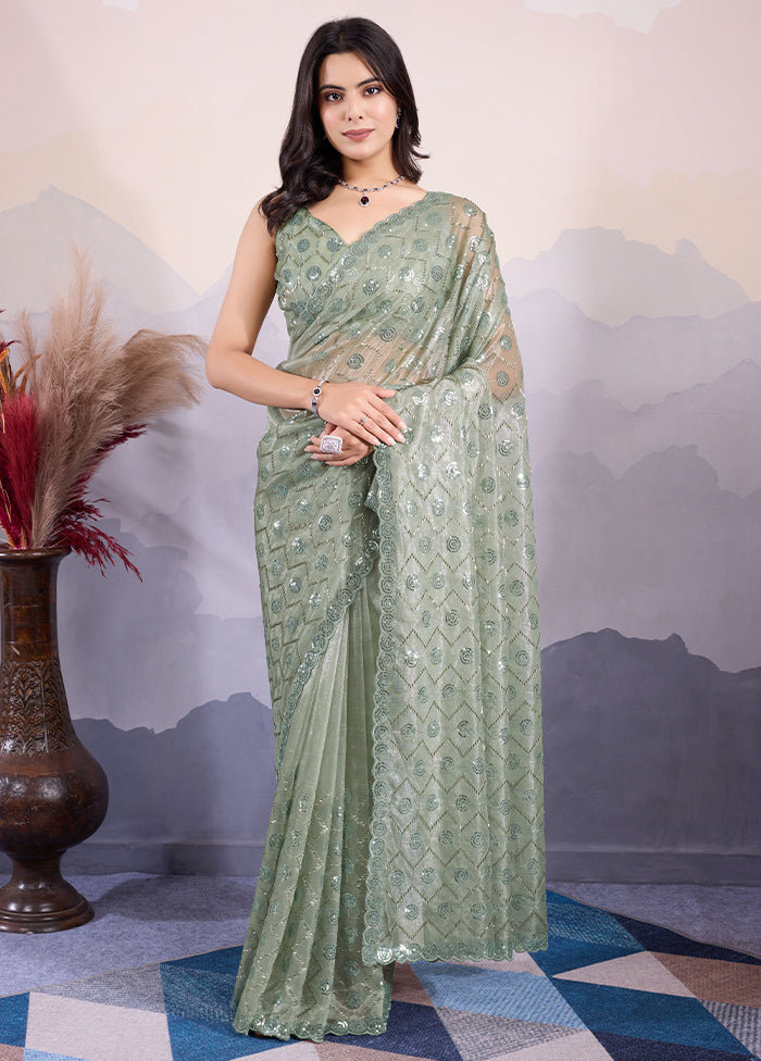 Green Net Net Saree With Blouse Piece