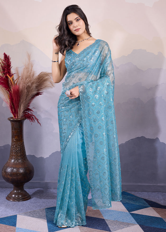 Blue Net Net Saree With Blouse Piece