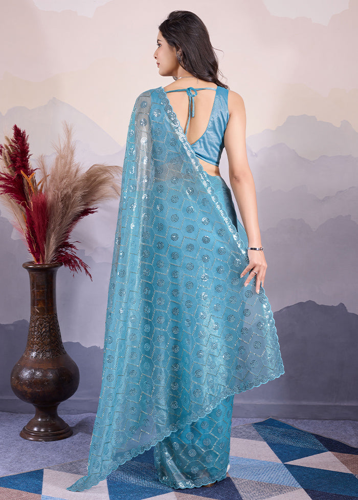 Blue Net Net Saree With Blouse Piece