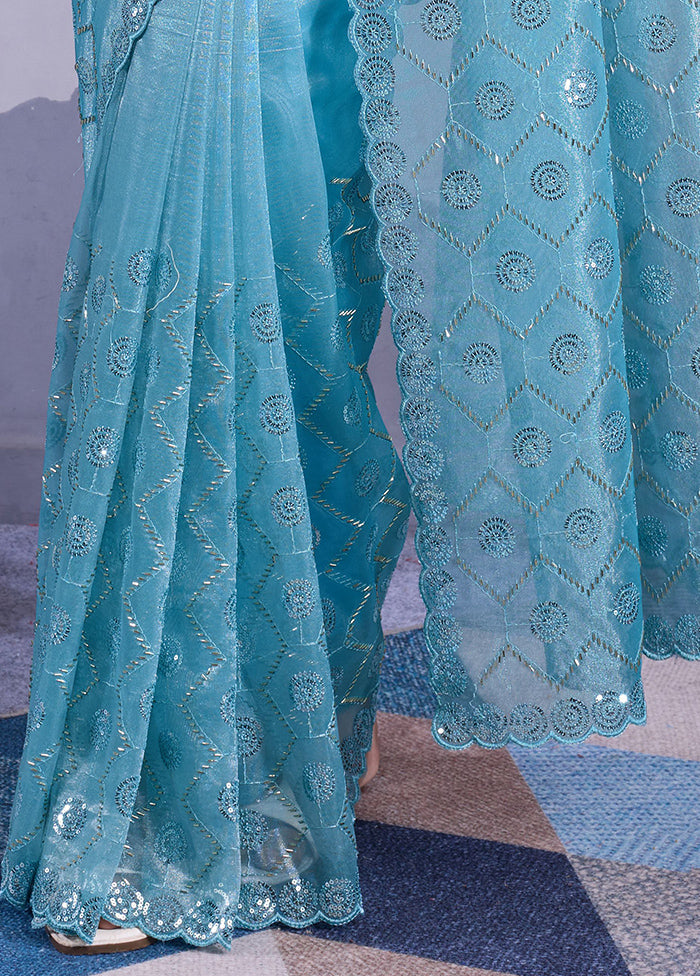 Blue Net Net Saree With Blouse Piece