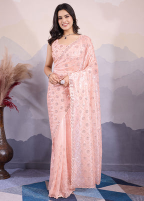 Peach Net Net Saree With Blouse Piece