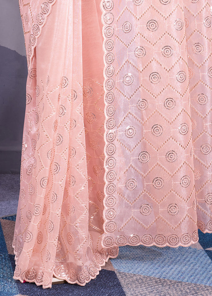 Peach Net Net Saree With Blouse Piece