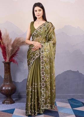 Green Dupion Silk Saree With Blouse Piece