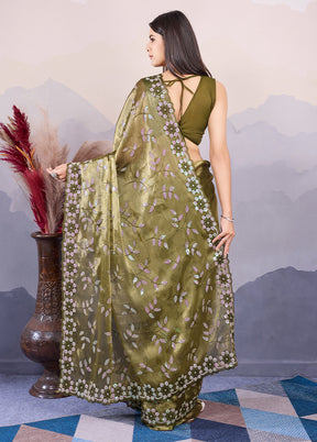 Green Dupion Silk Saree With Blouse Piece