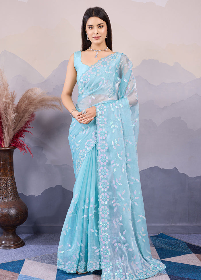 Sky Blue Dupion Silk Saree With Blouse Piece