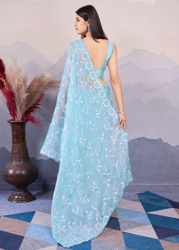 Sky Blue Dupion Silk Saree With Blouse Piece