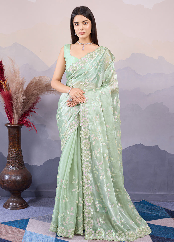 Pista Green Dupion Silk Saree With Blouse Piece