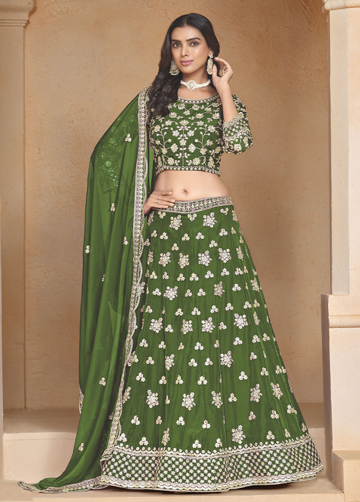 3 Pc Mehendi Net Semi Stitched Lehenga Set