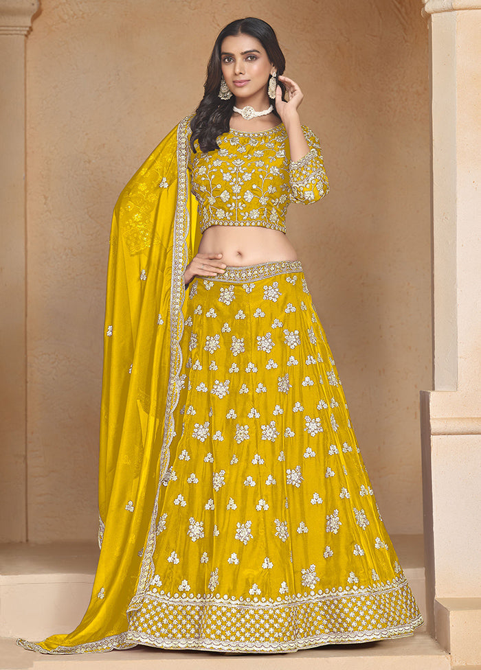 3 Pc Yellow Net Semi Stitched Lehenga Set