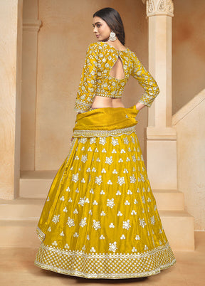 3 Pc Yellow Net Semi Stitched Lehenga Set