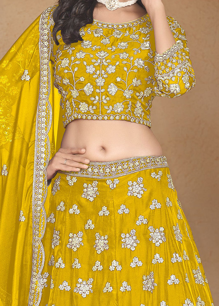 3 Pc Yellow Net Semi Stitched Lehenga Set