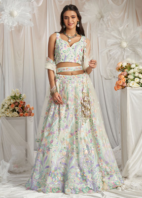 3 Pc Cream Net Semi Stitched Lehenga Set