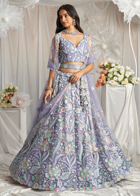 3 Pc Mauve Net Semi Stitched Lehenga Set