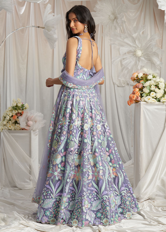 3 Pc Mauve Net Semi Stitched Lehenga Set