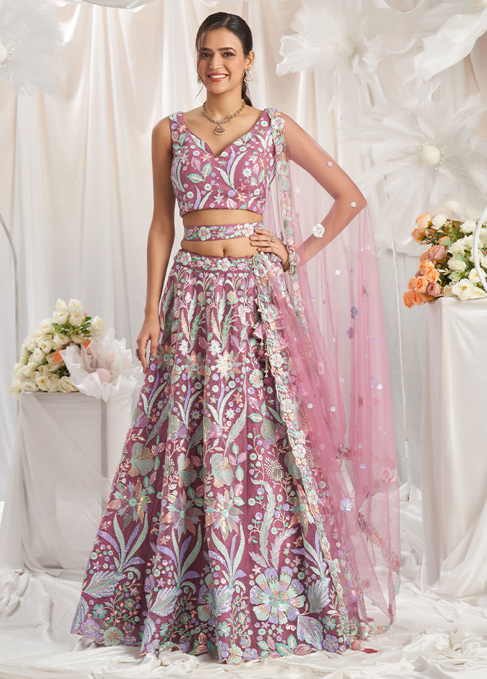 3 Pc Dusty Pink Net Semi Stitched Lehenga Set