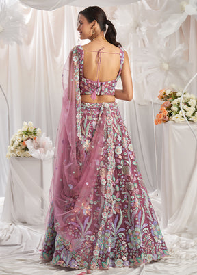 3 Pc Dusty Pink Net Semi Stitched Lehenga Set