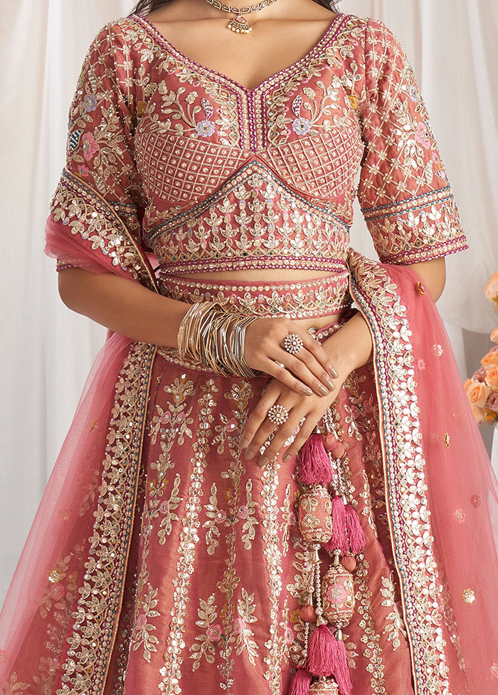 3 Pc Pink Silk Semi Stitched Lehenga Set