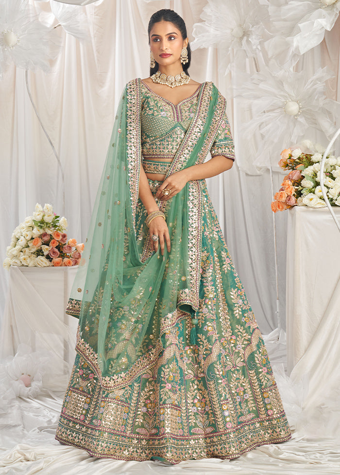 3 Pc Sea Green Silk Semi Stitched Lehenga Set