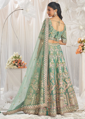 3 Pc Sea Green Silk Semi Stitched Lehenga Set