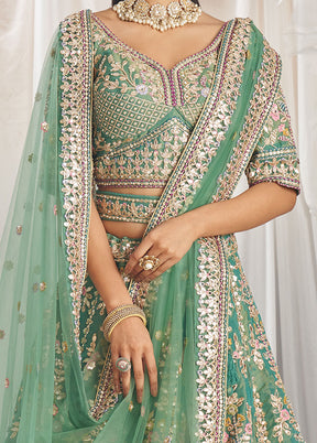 3 Pc Sea Green Silk Semi Stitched Lehenga Set