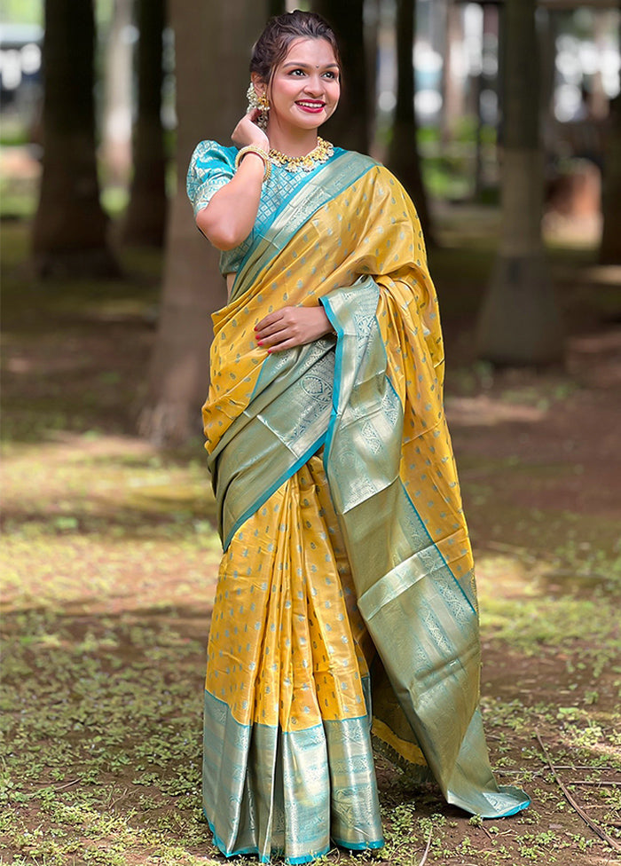 Yellow Dupion Silk Saree With Blouse Piece