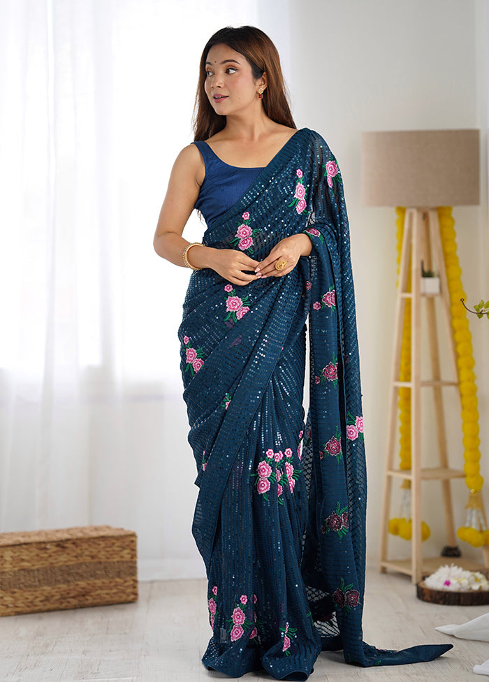 Teal Blue Georgette Saree With Blouse Piece