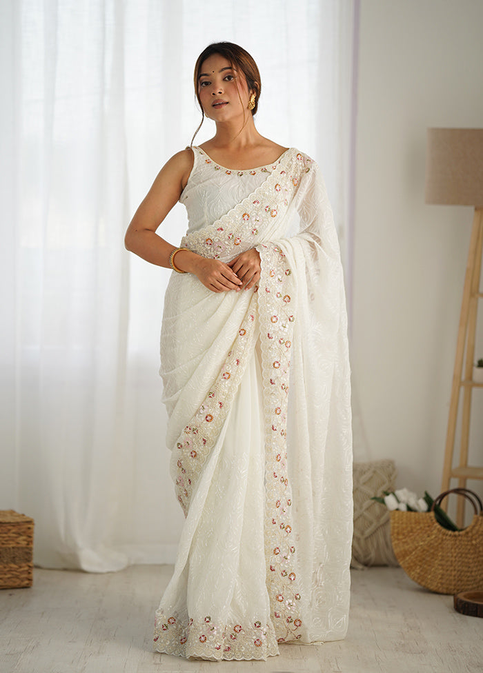 White Georgette Saree With Blouse Piece