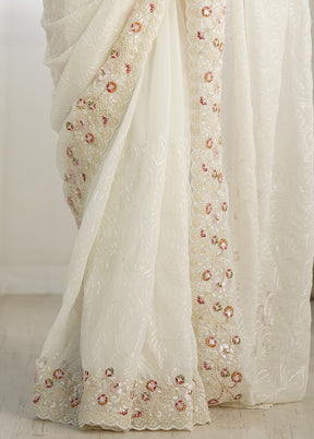 White Georgette Saree With Blouse Piece