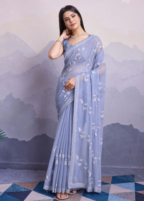 Blue Chiffon Silk Saree With Blouse Piece