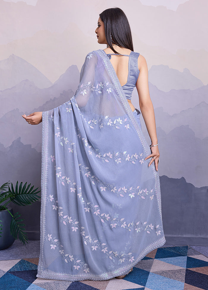 Blue Chiffon Silk Saree With Blouse Piece