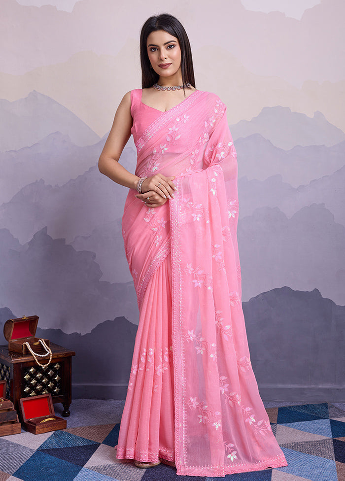 Pink Chiffon Silk Saree With Blouse Piece