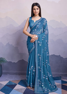 Cyan Blue Chiffon Silk Saree With Blouse Piece