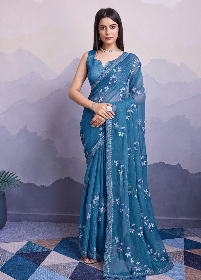 Cyan Blue Chiffon Silk Saree With Blouse Piece