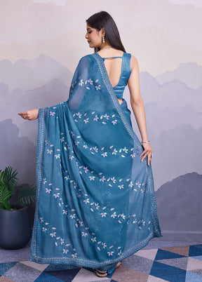 Cyan Blue Chiffon Silk Saree With Blouse Piece