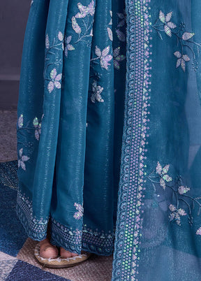 Cyan Blue Chiffon Silk Saree With Blouse Piece