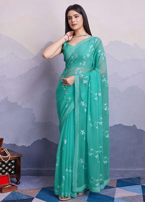 Sea Green Chiffon Silk Saree With Blouse Piece